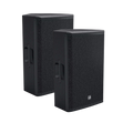 Pair of black LD Systems powered speakers with side carry handles