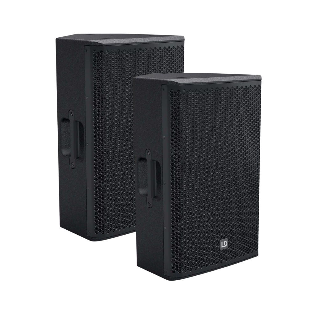 Pair of black LD Systems powered speakers with side carry handles