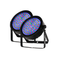 Product photo showing two black slim par can lights with multicolour LED arrays; each booking is for one light
