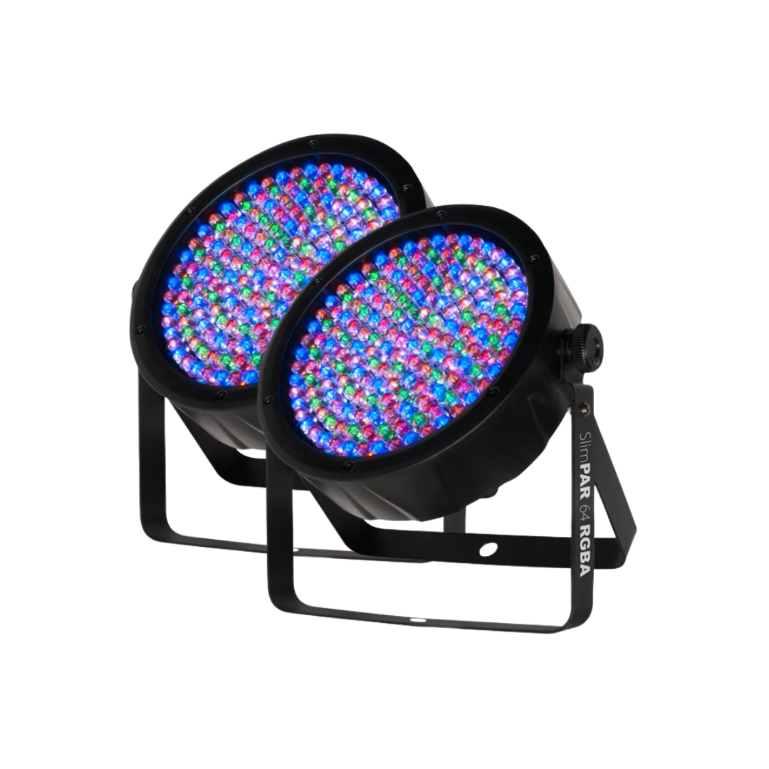 Product photo showing two black slim par can lights with multicolour LED arrays; each booking is for one light